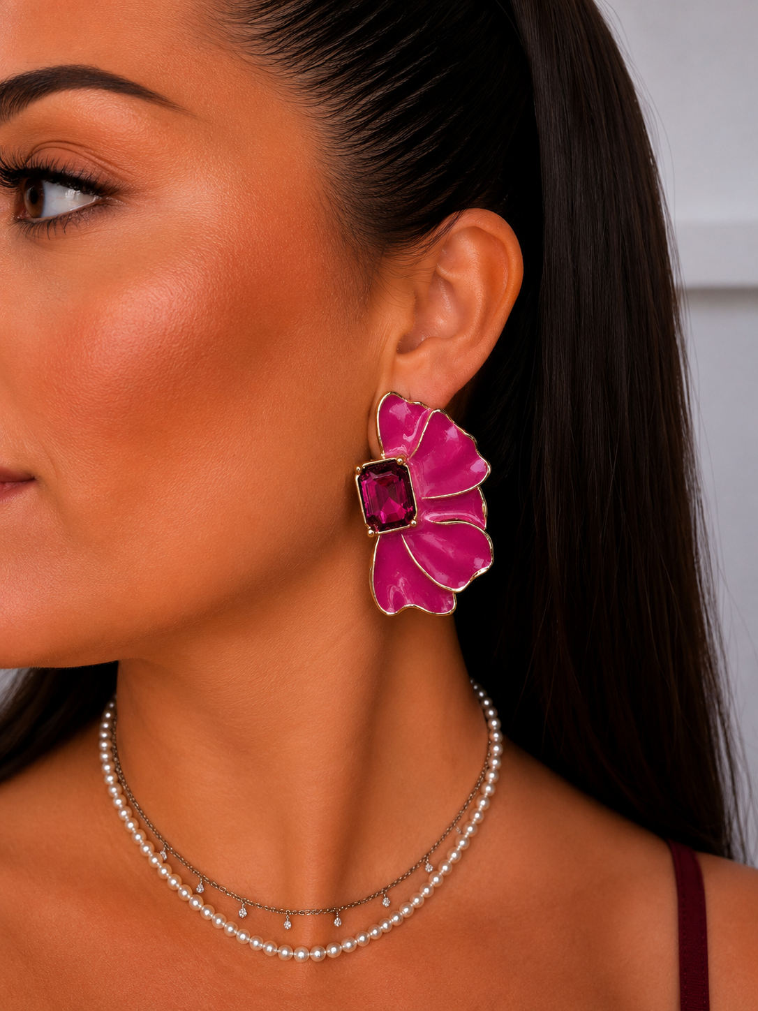Pendientes Media Flor Fucsia